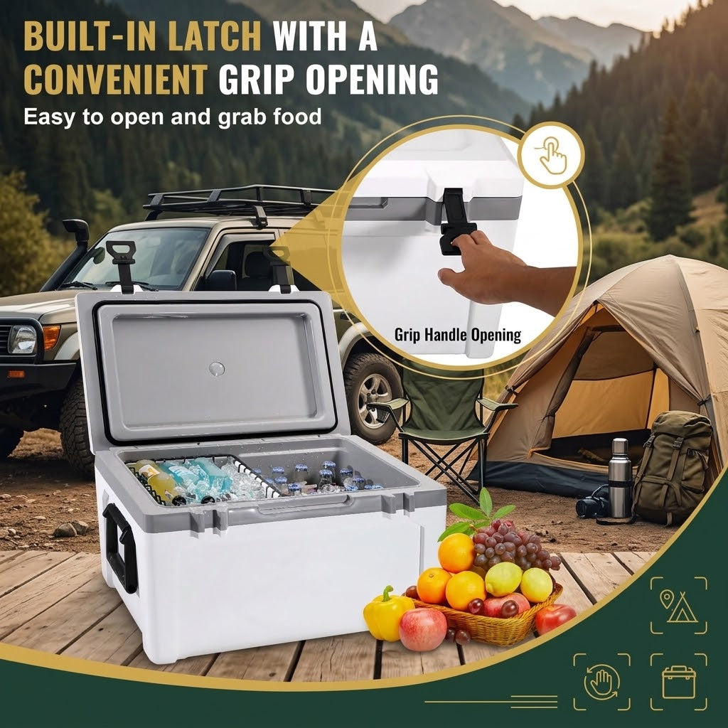52QT Hard Cooler 49L with Dry Basket, Bottle Opener and Cup Holder, Insulated Ice Chest for Camping