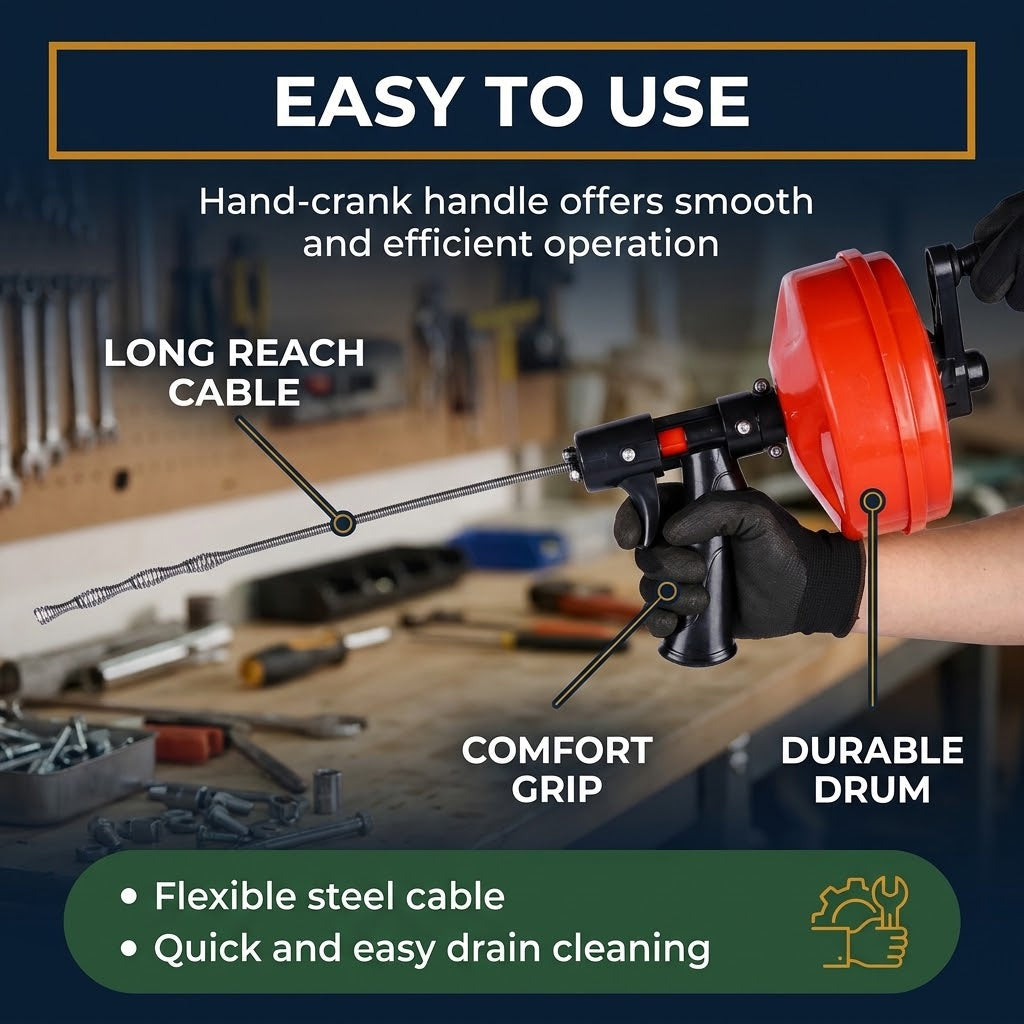 7.6m Drain Snake Auger, Hand Crank or Drill Powered, Flexible Steel Cable for Sinks, Showers and Toilets