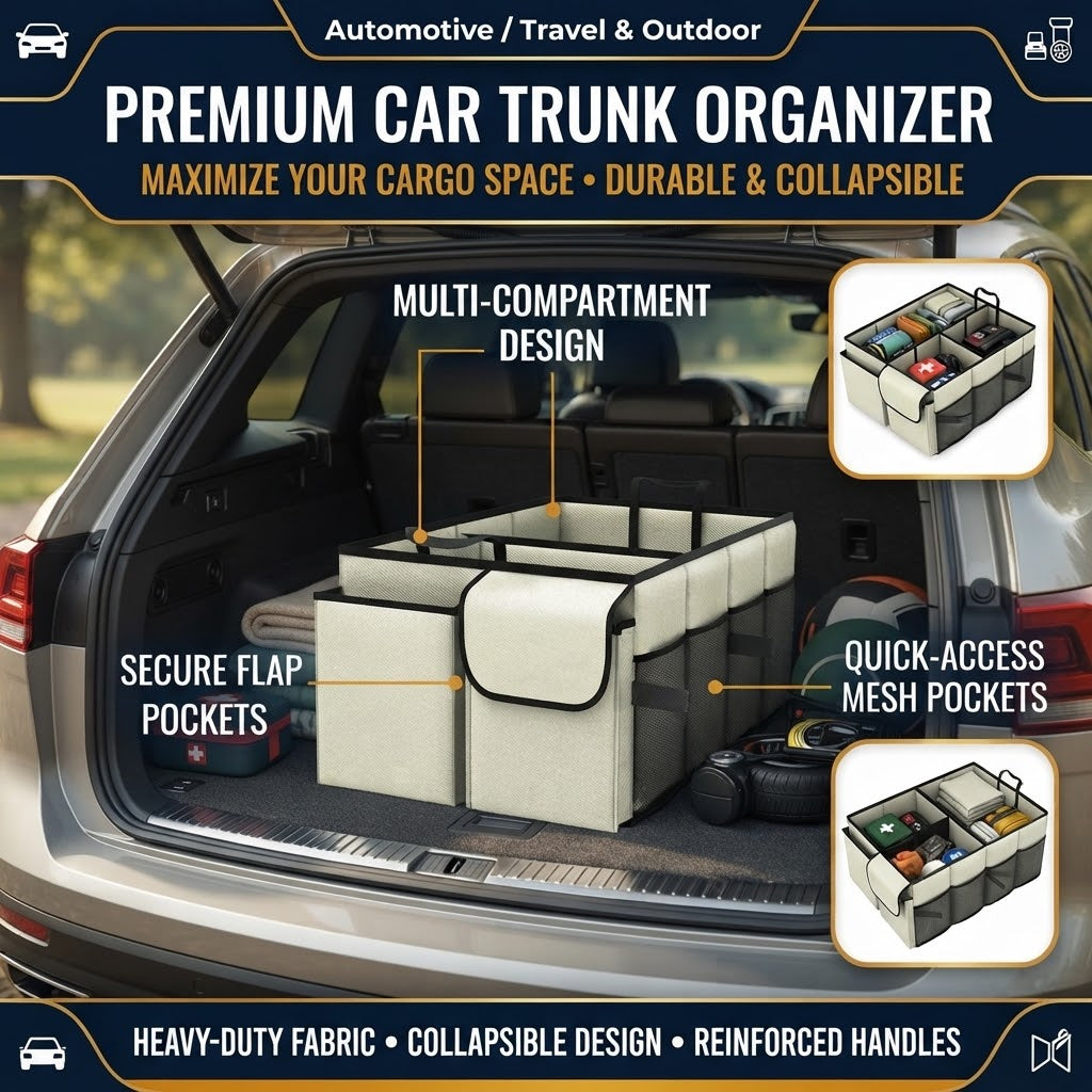 Beige Foldable Car Boot Storage Box, Collapsible Polyester Organiser for Groceries and Sports Gear