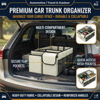 Beige Foldable Car Boot Storage Box, Collapsible Polyester Organiser for Groceries and Sports Gear