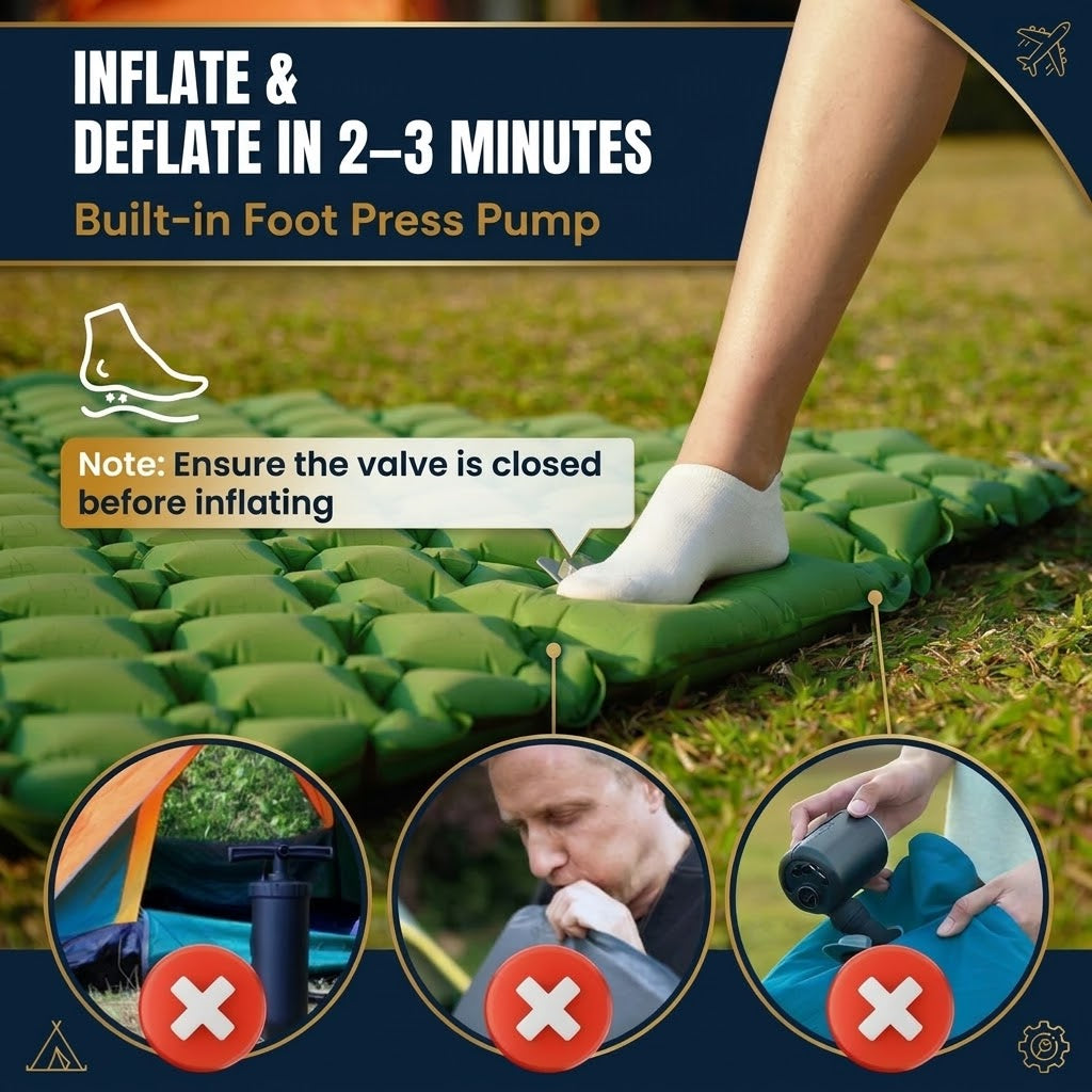 Dark Blue Double Camping Sleeping Pad with Built-in Foot Pump, Extra Wide Inflatable Mat for Tents