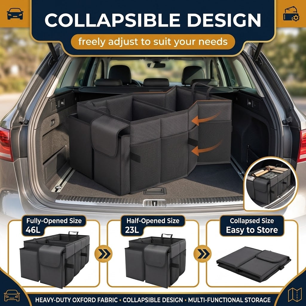 Beige Foldable Car Boot Storage Box, Collapsible Polyester Organiser for Groceries and Sports Gear