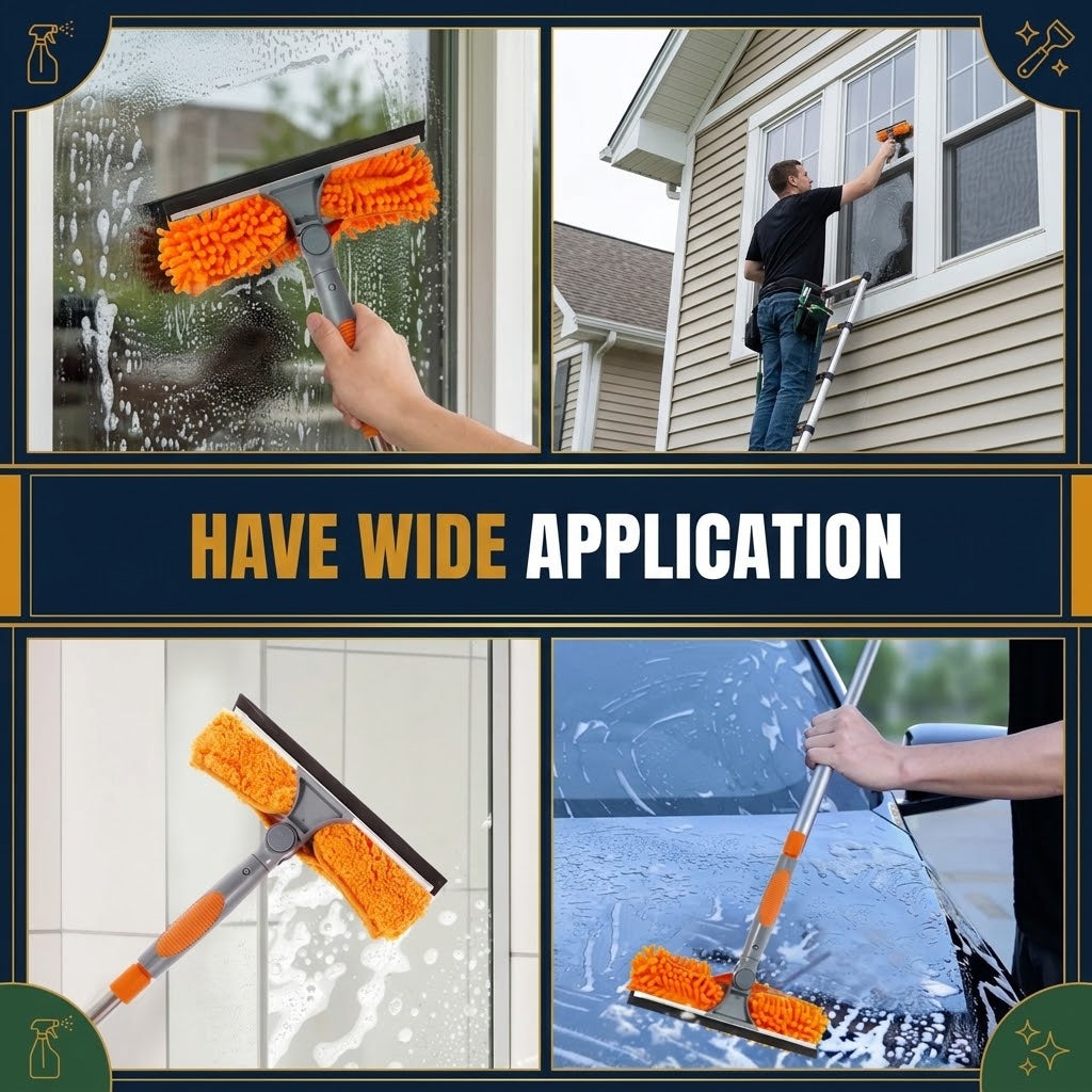Red Extendable Window Cleaning Kit 100-420cm, 2-in-1 Squeegee and Microfibre Scrubber, 180° Swivel Head
