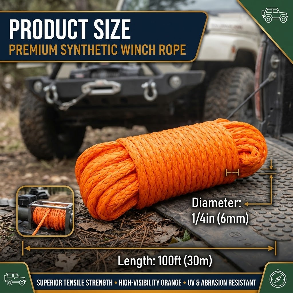 30m Synthetic Winch Rope 6mm, 8000 lbs UHMWPE Winch Line with Forged Hook, Orange