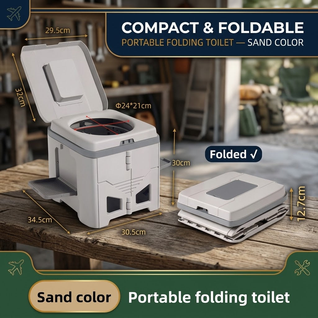 Sand Color Folding Portable Camping Toilet, Compact Odour-Resistant Toilet for Camping and Car Trips
