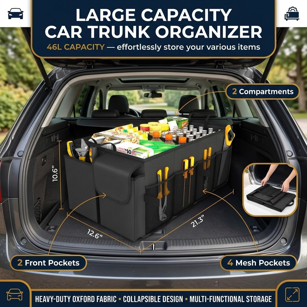 Black Foldable Car Boot Storage Box, Collapsible Polyester Organiser for Groceries and Sports Gear