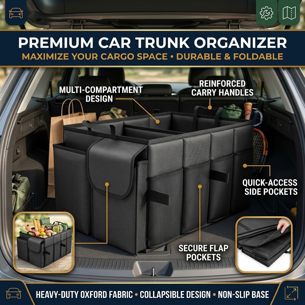 Black Foldable Car Boot Storage Box, Collapsible Polyester Organiser for Groceries and Sports Gear