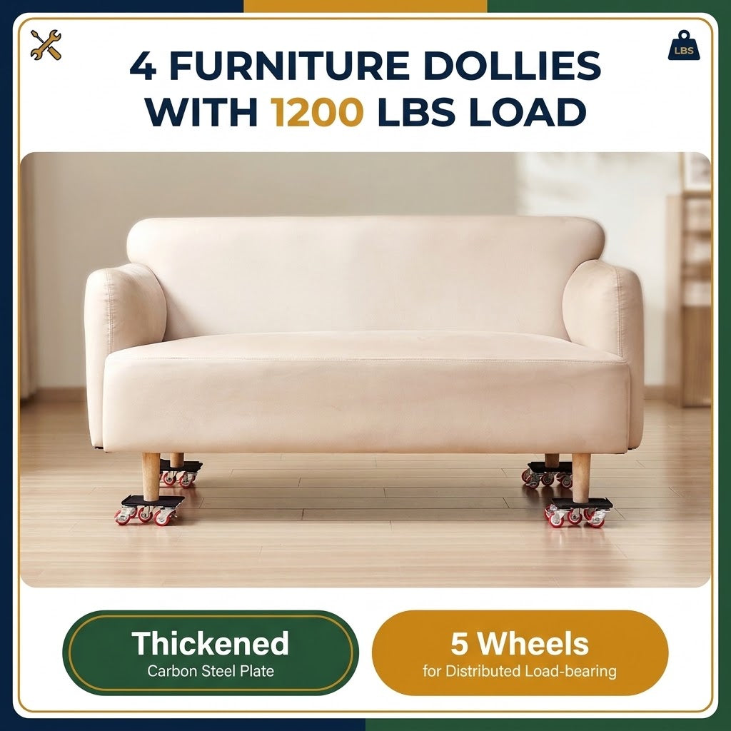 Furniture Dolly Set of 4 with 5 Swivel Wheels, Brakes and Lifting Pry Bar, 3474 lb Total Load Capacity