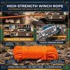 15m Synthetic Winch Rope 6mm, 8000 lbs UHMWPE Winch Line with Forged Hook, Orange
