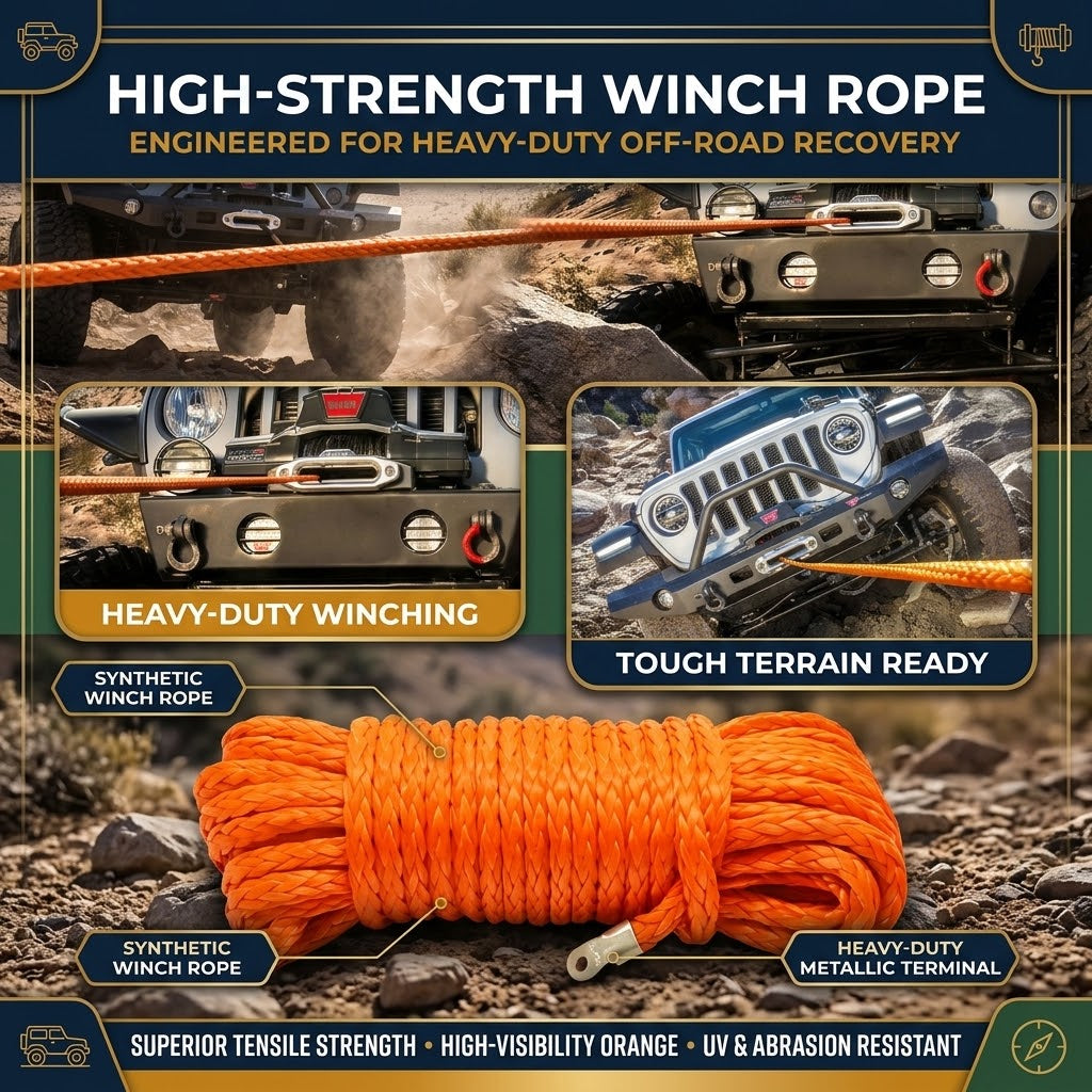 30m Synthetic Winch Rope 6mm, 8000 lbs UHMWPE Winch Line with Forged Hook, Orange