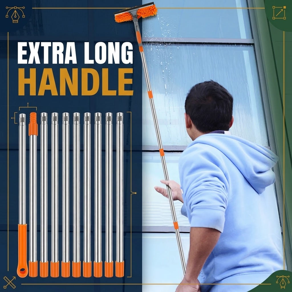 Red Extendable Window Cleaning Kit 100-420cm, 2-in-1 Squeegee and Microfibre Scrubber, 180° Swivel Head