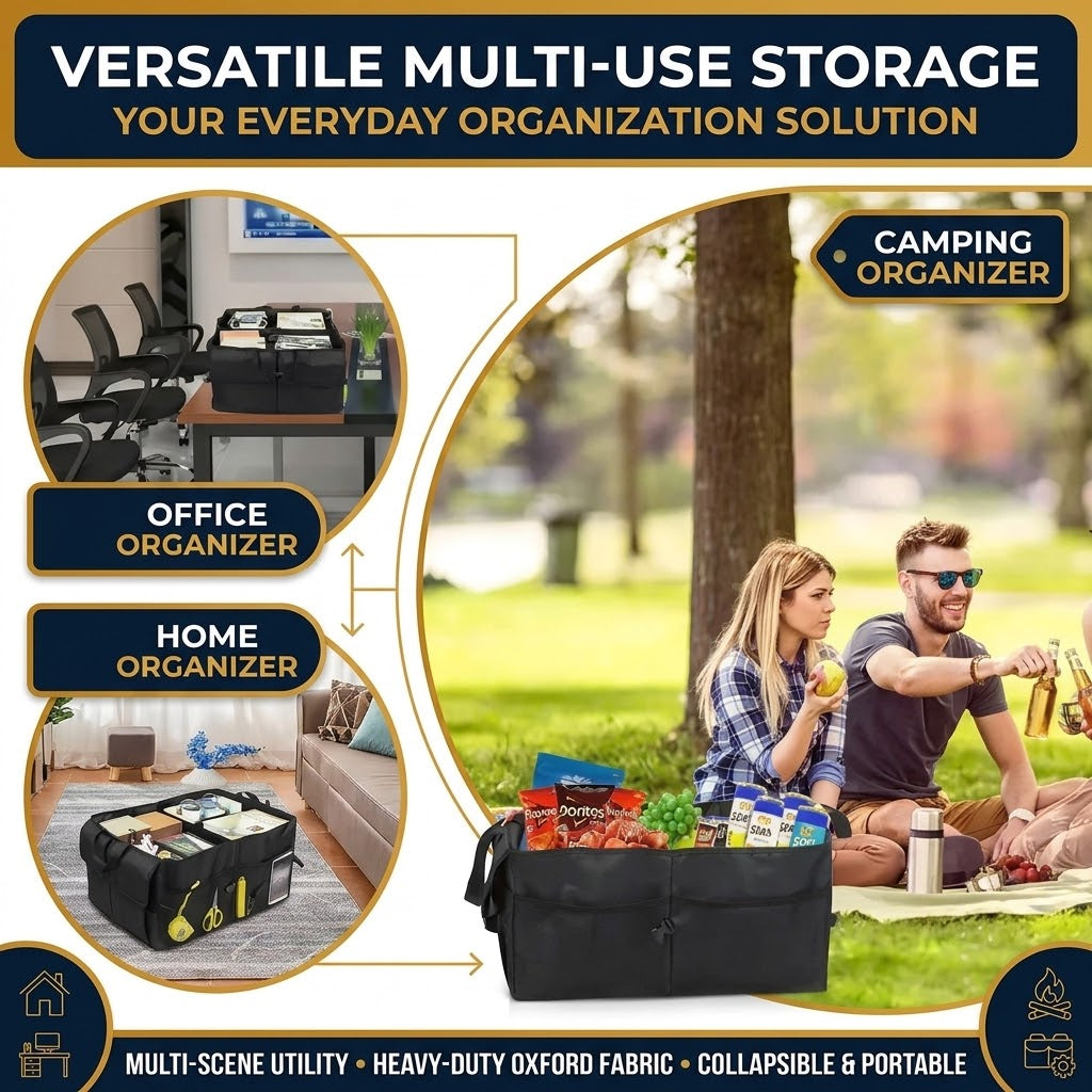 Black Foldable Car Boot Storage Box, Collapsible Polyester Organiser for Groceries and Sports Gear