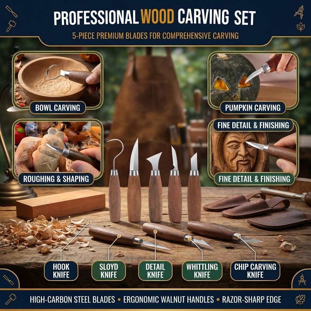 19 Piece Wood Carving Tool Set with Hook Knife for Spoon Carving, Whittling and Woodworking