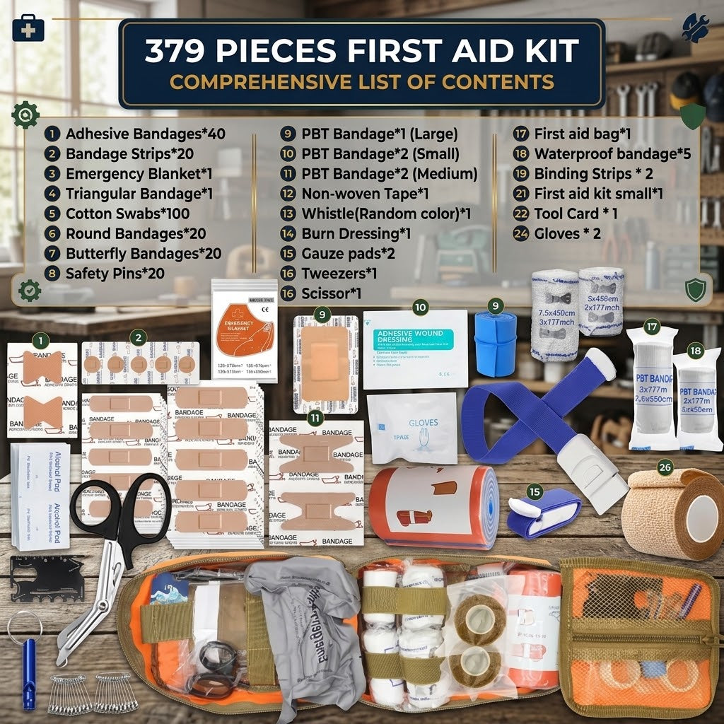 379-Piece First Aid Kit in MOLLE Pouch, Compact Emergency Kit for Car, Camping, Hiking and Home, Red