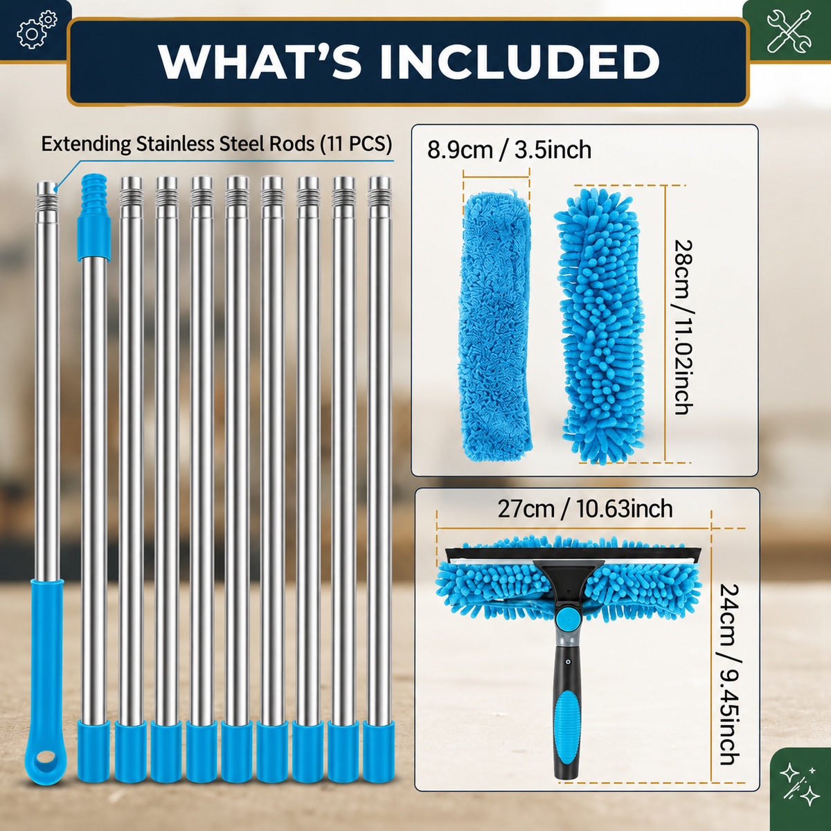 Blue Extendable Window Cleaning Kit 100-420cm, 2-in-1 Squeegee and Microfibre Scrubber, 180° Swivel Head