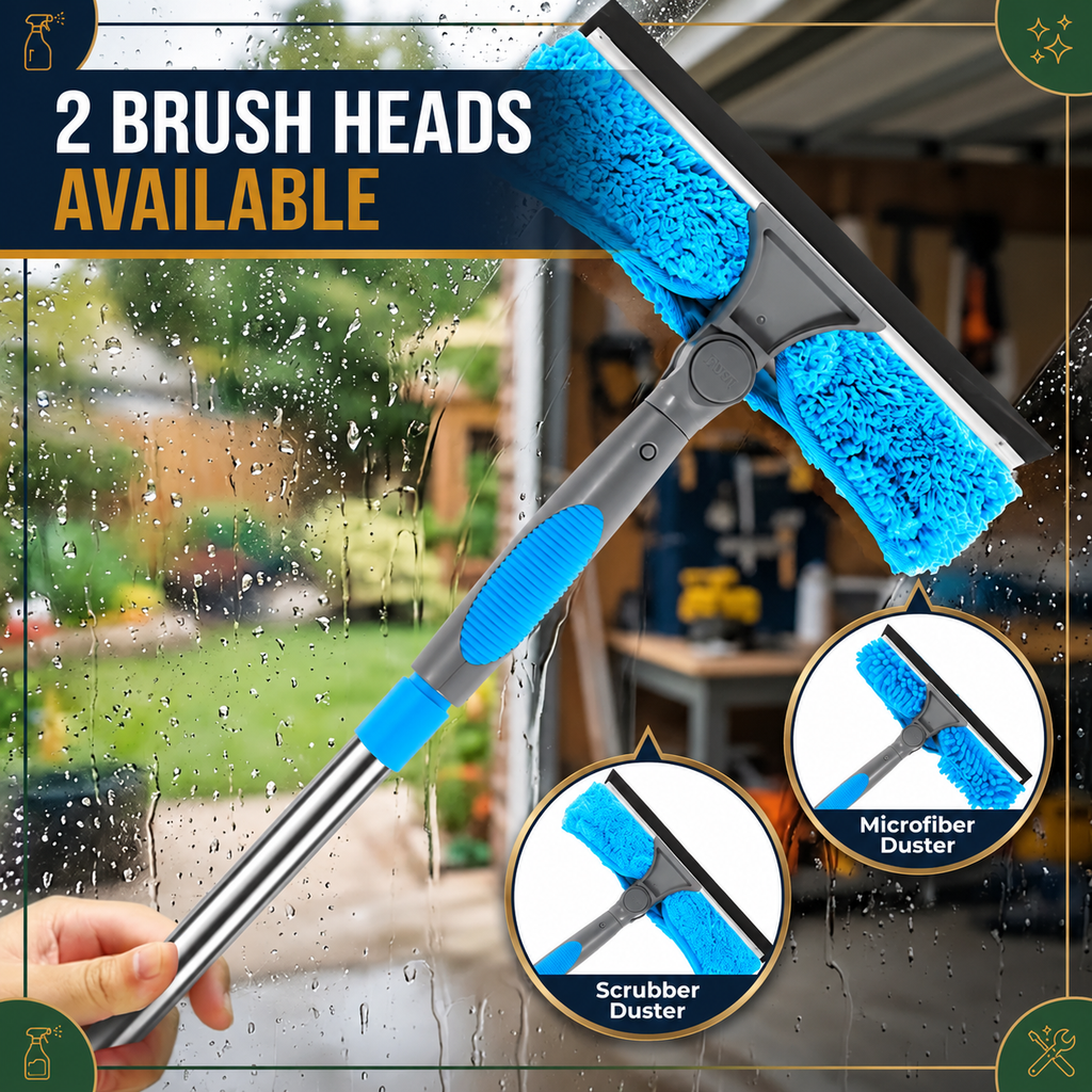 Blue Extendable Window Cleaning Kit 100-420cm, 2-in-1 Squeegee and Microfibre Scrubber, 180° Swivel Head