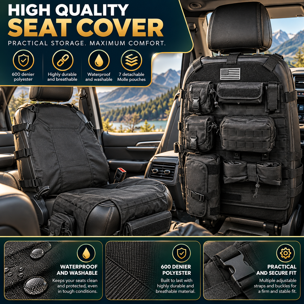 Tactical Seat Back Organiser with 7 MOLLE Pouches, PVC-Lined Seat Cover for 4WDs, Utes and SUVs