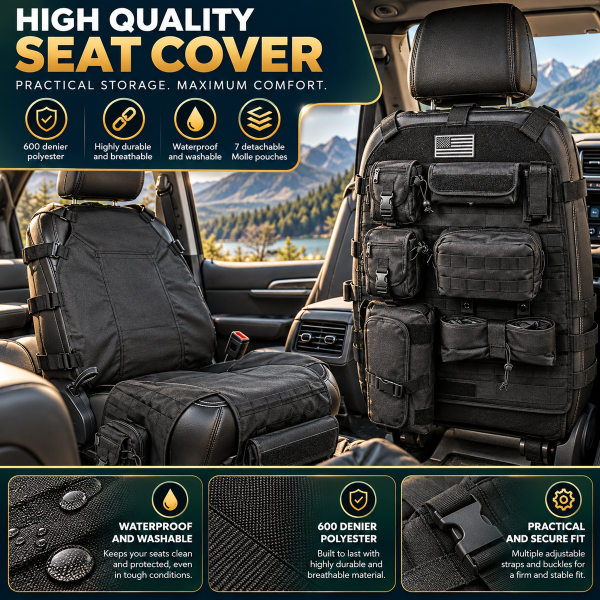 Tactical Seat Back Organiser with 7 MOLLE Pouches, PVC-Lined Seat Cover for 4WDs, Utes and SUVs