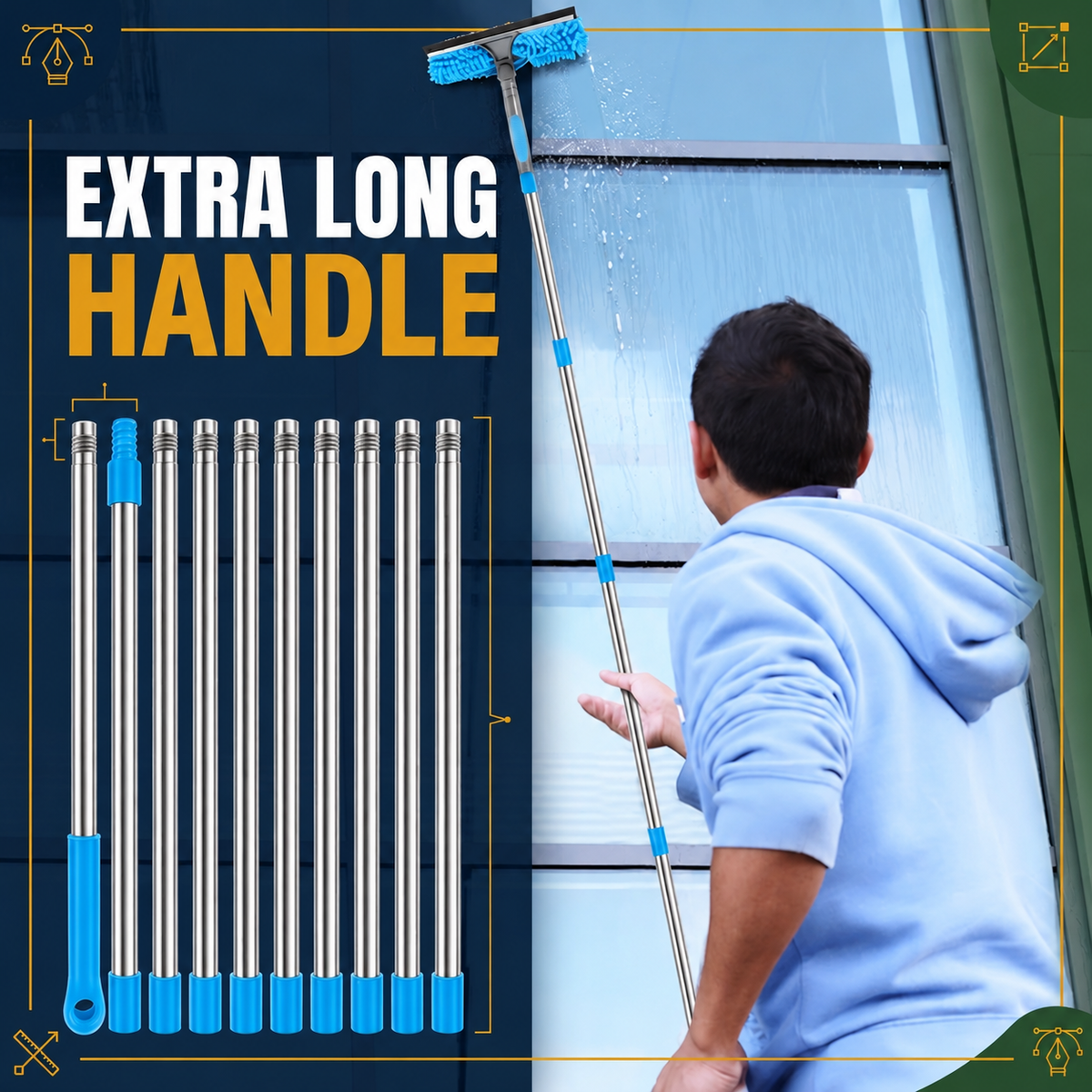 Blue Extendable Window Cleaning Kit 100-420cm, 2-in-1 Squeegee and Microfibre Scrubber, 180° Swivel Head
