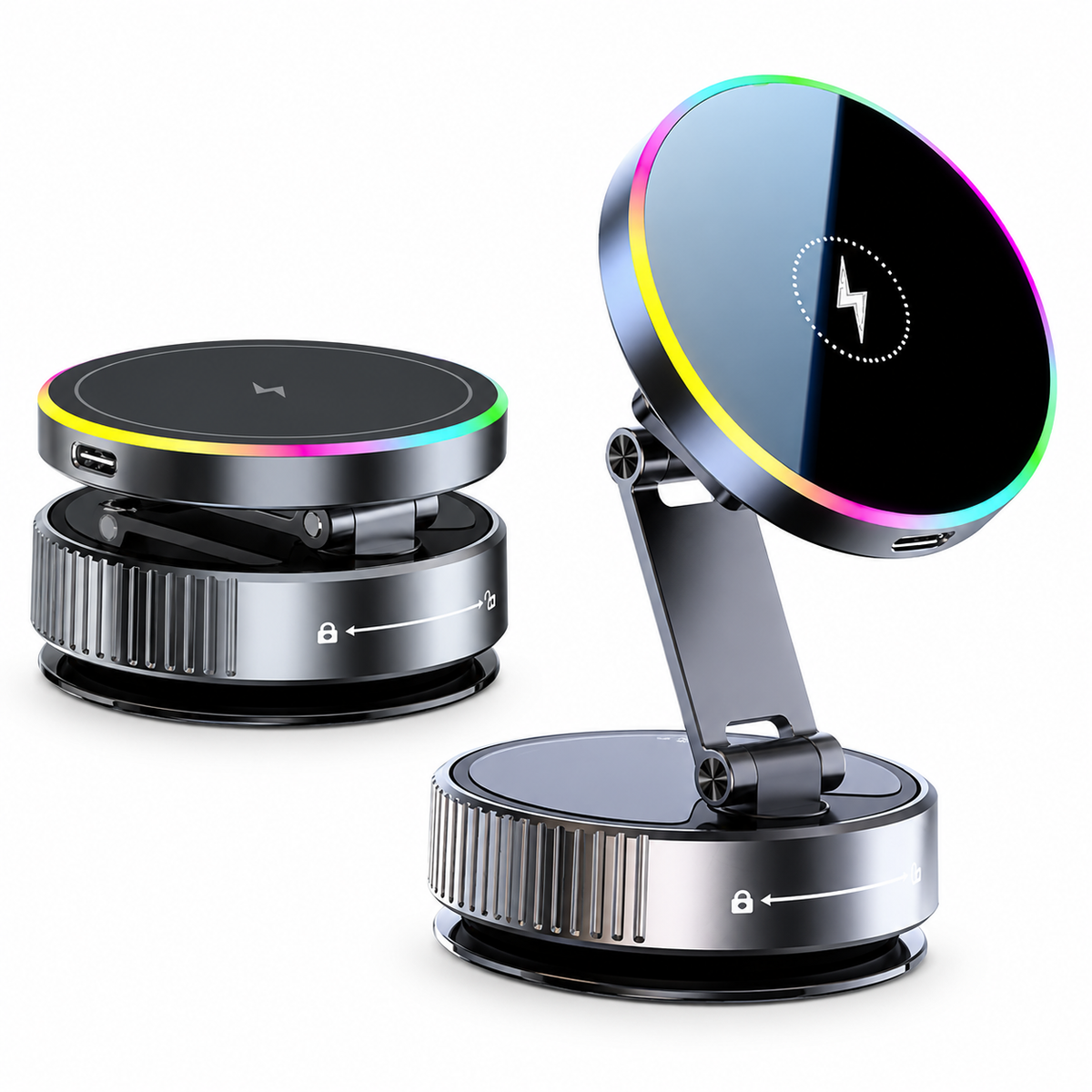 Wireless Charging Car Phone Holder with RGB Lights and 360 Degree Rotation