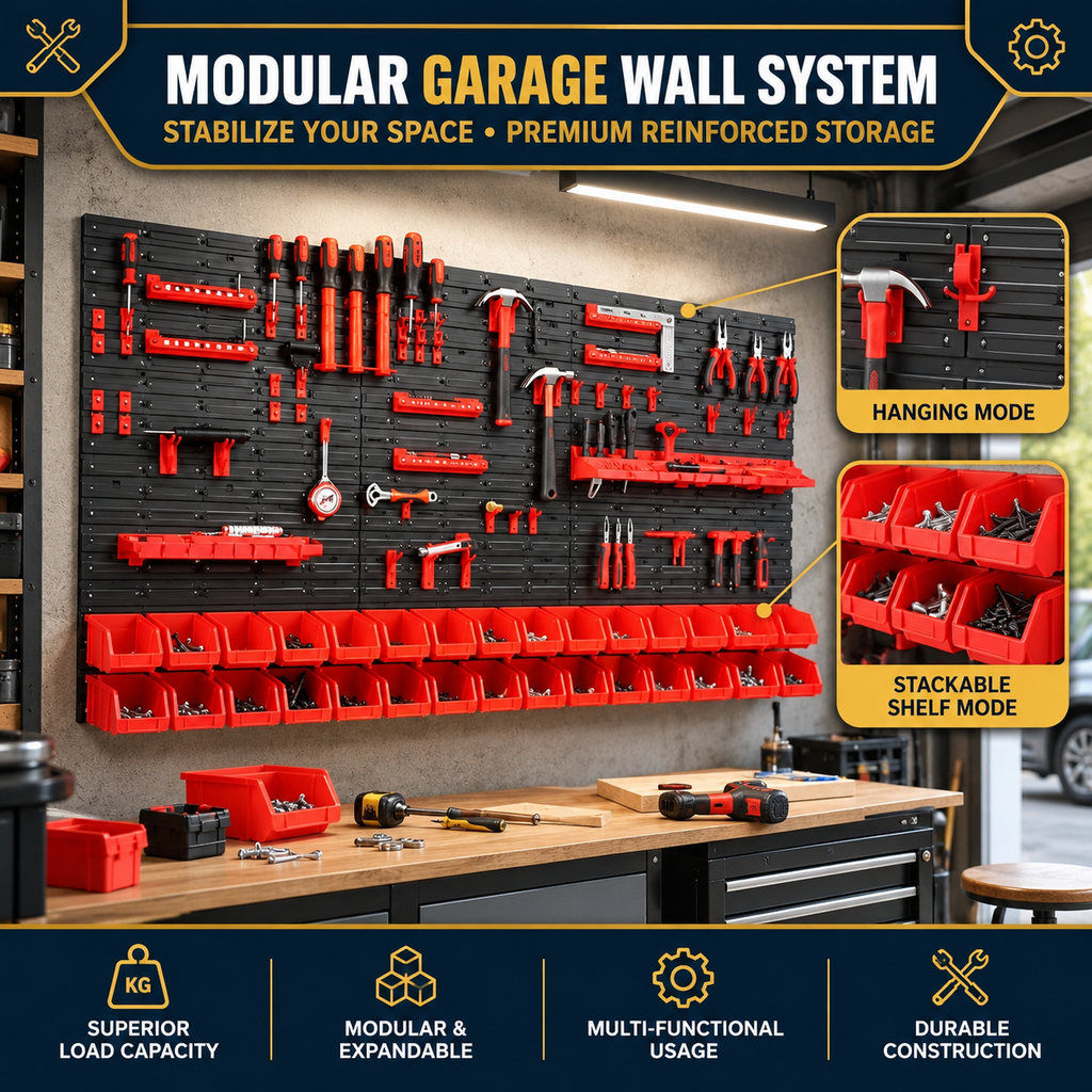 30 Piece Wall Mounted Parts Storage Bins with Wall Panels, Stackable Garage and Workshop Organiser, Red
