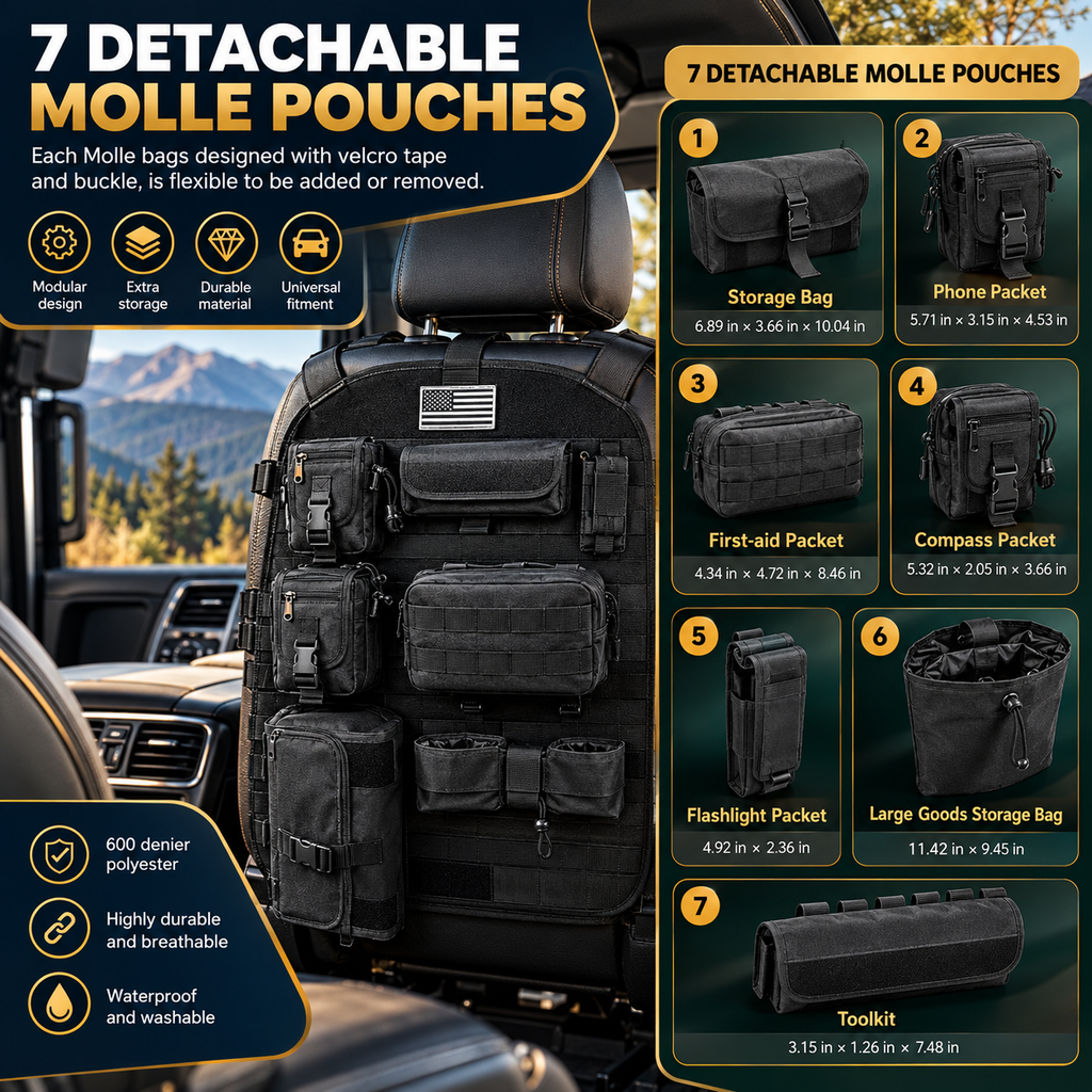 Tactical Seat Back Organiser with 7 MOLLE Pouches, PVC-Lined Seat Cover for 4WDs, Utes and SUVs