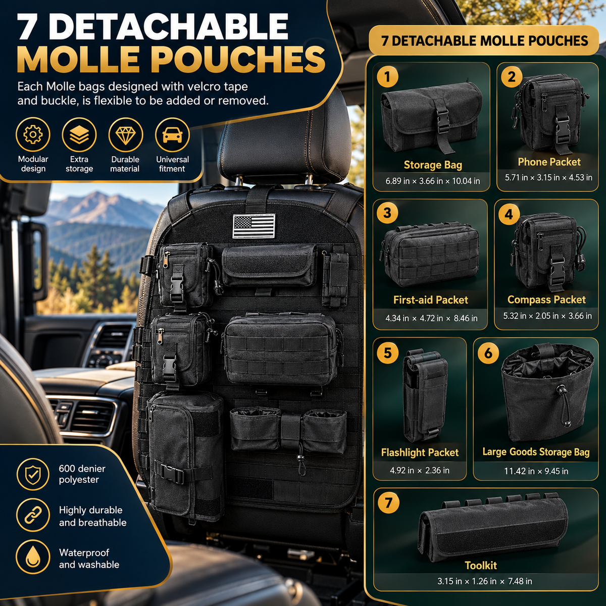 Tactical Seat Back Organiser with 7 MOLLE Pouches, PVC-Lined Seat Cover for 4WDs, Utes and SUVs