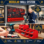 30 Piece Wall Mounted Parts Storage Bins with Wall Panels, Stackable Garage and Workshop Organiser, Red