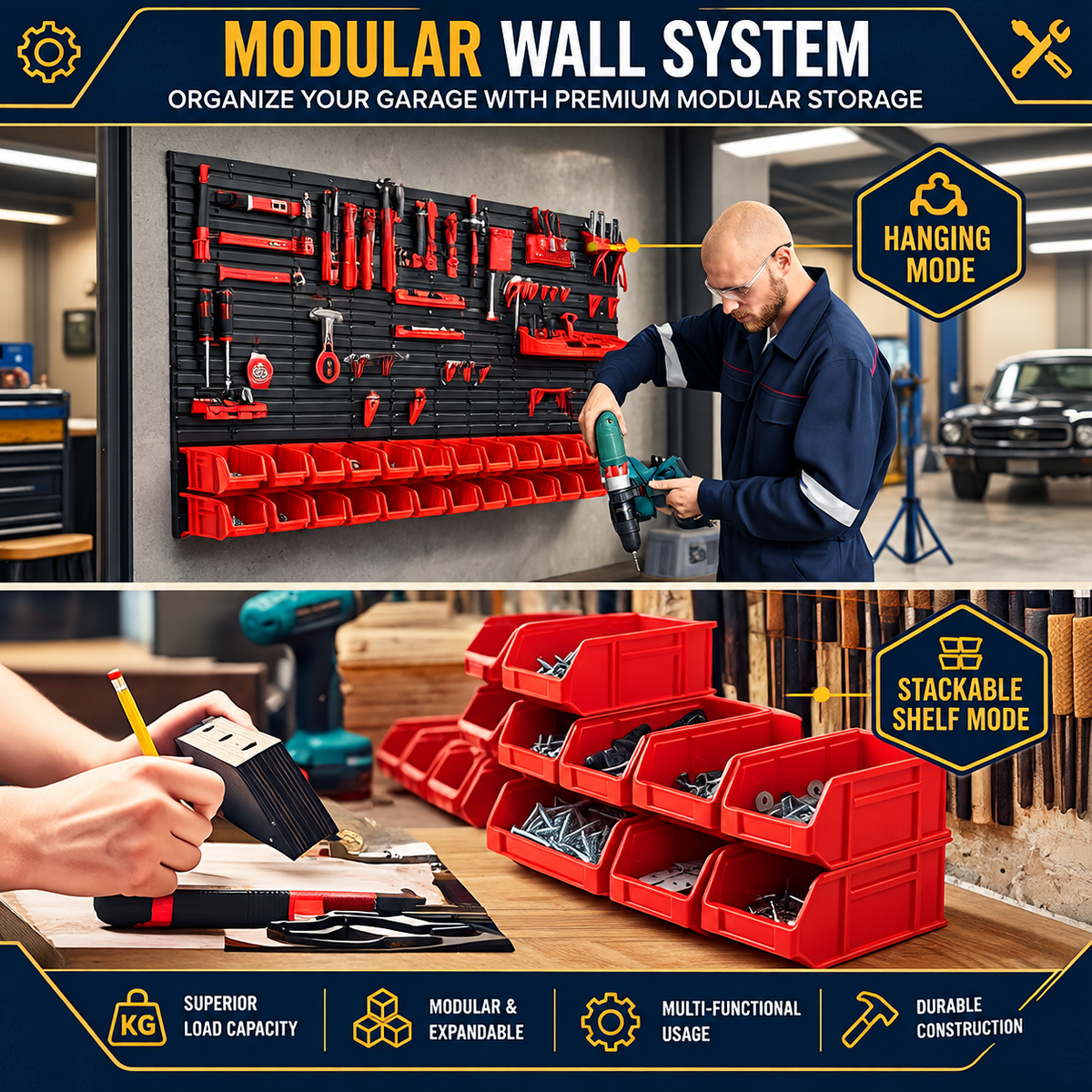 48 Piece Wall Mounted Parts Storage Bins with Wall Panels, Stackable Garage and Workshop Organiser, Red and Black