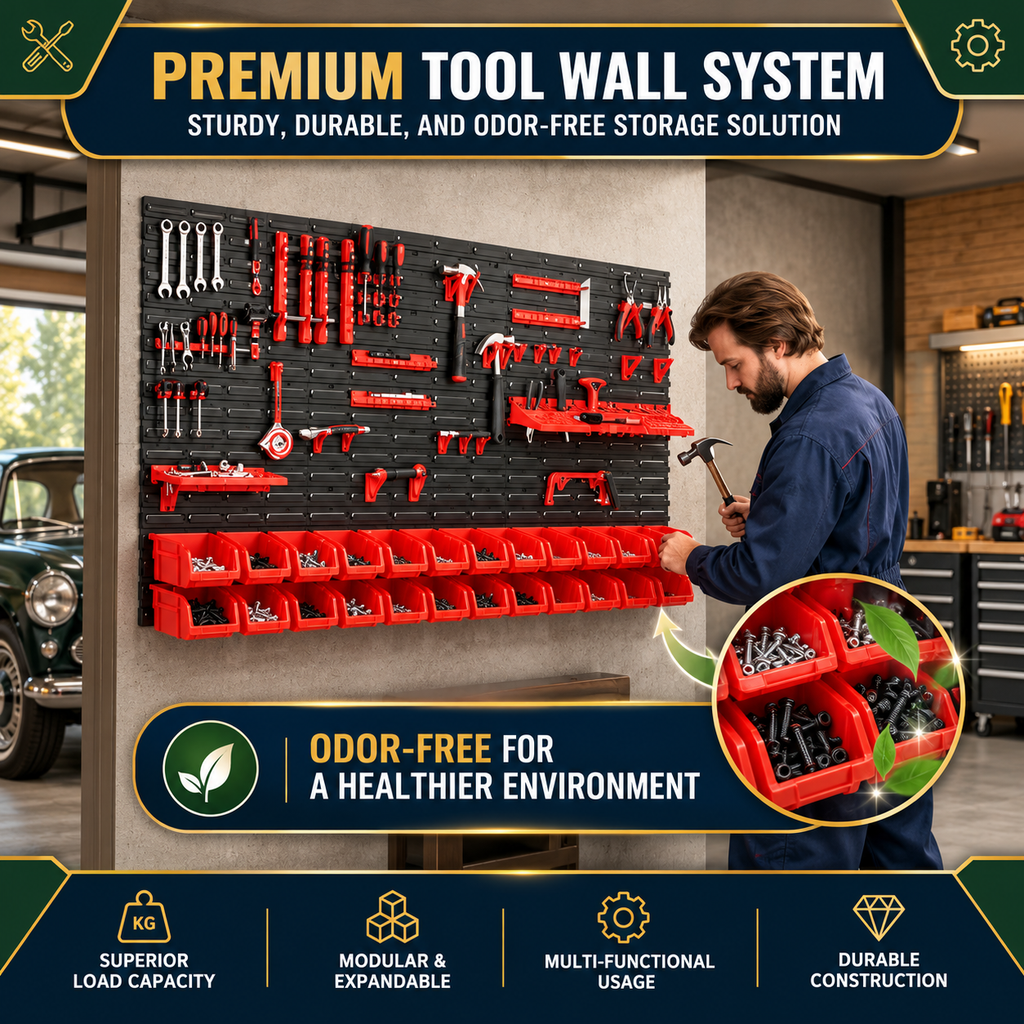 48 Piece Wall Mounted Parts Storage Bins with Wall Panels, Stackable Garage and Workshop Organiser, Red and Black