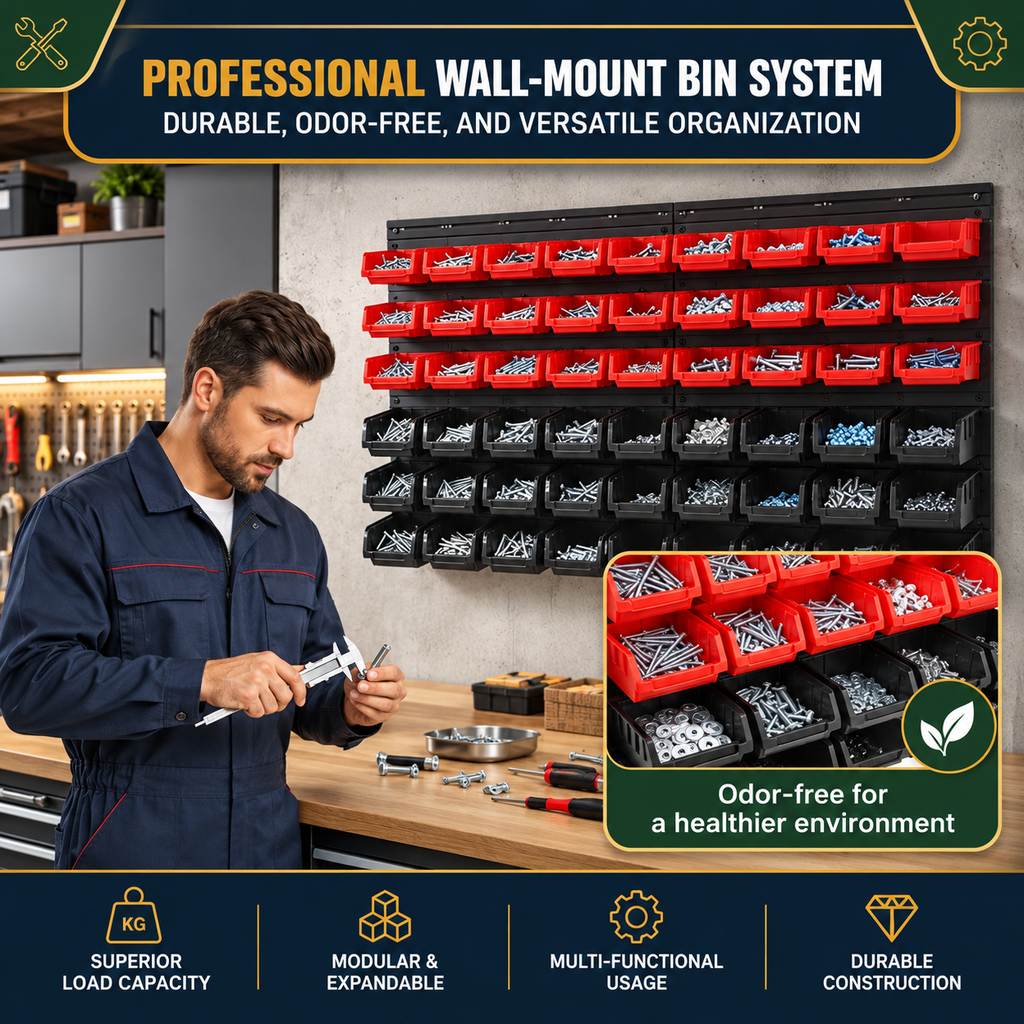48 Piece Wall Mounted Parts Storage Bins with Wall Panels, Stackable Garage and Workshop Organiser, Red and Black