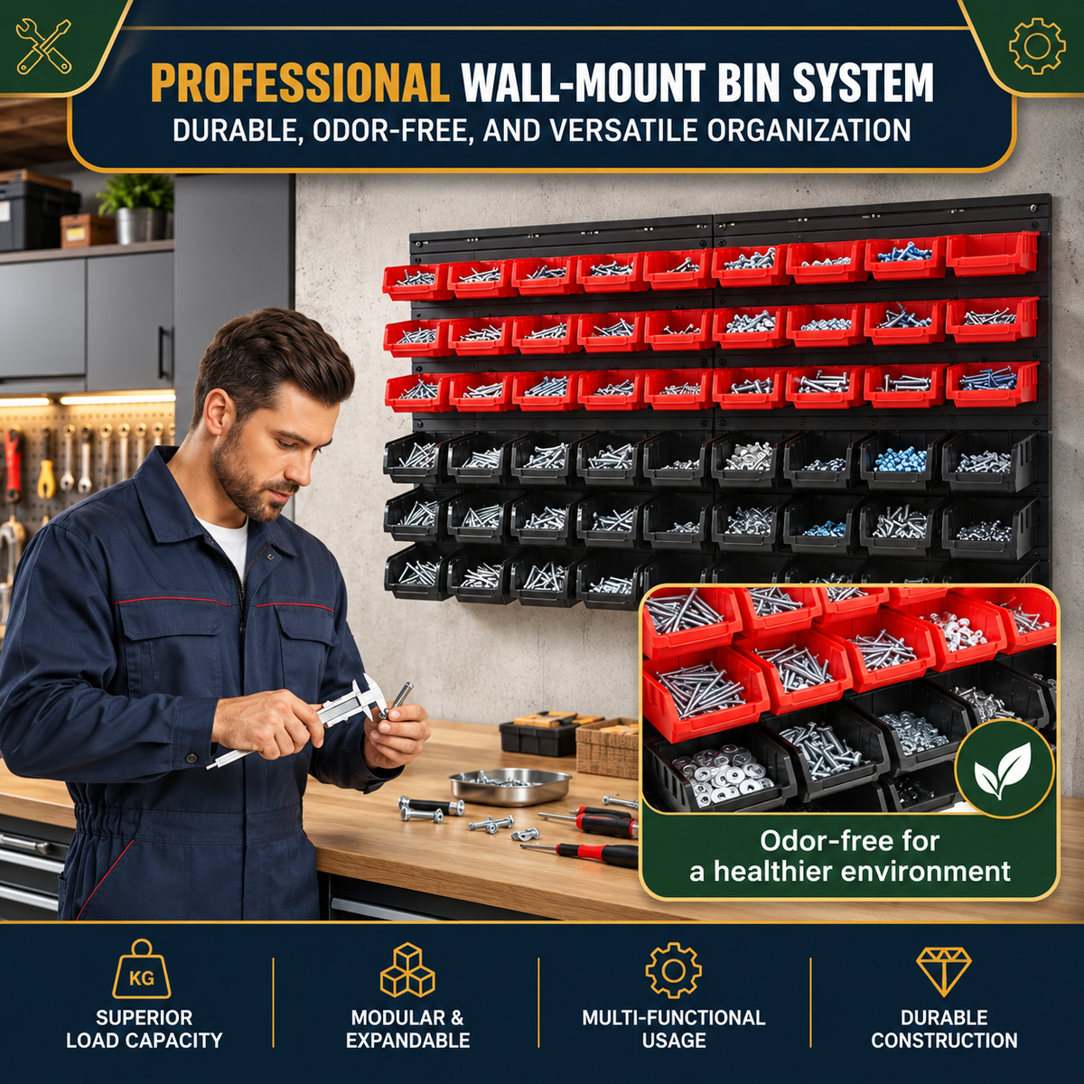 48 Piece Wall Mounted Parts Storage Bins with Wall Panels, Stackable Garage and Workshop Organiser, Red and Black