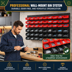 48 Piece Wall Mounted Parts Storage Bins with Wall Panels, Stackable Garage and Workshop Organiser, Red and Black