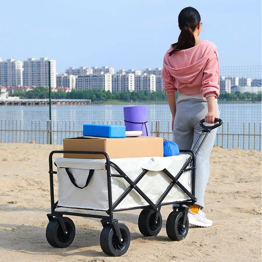 Folding Wagon Cart with All-Terrain Wheels and Brakes, Collapsible Trolley for Camping, Beach and Garden, Beige Brown