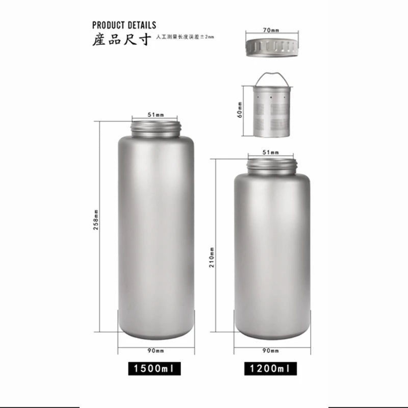 Titanium Water Bottle 1200ml, Single-Wall Wide-Mouth Flask for Camping, Hiking and Travel