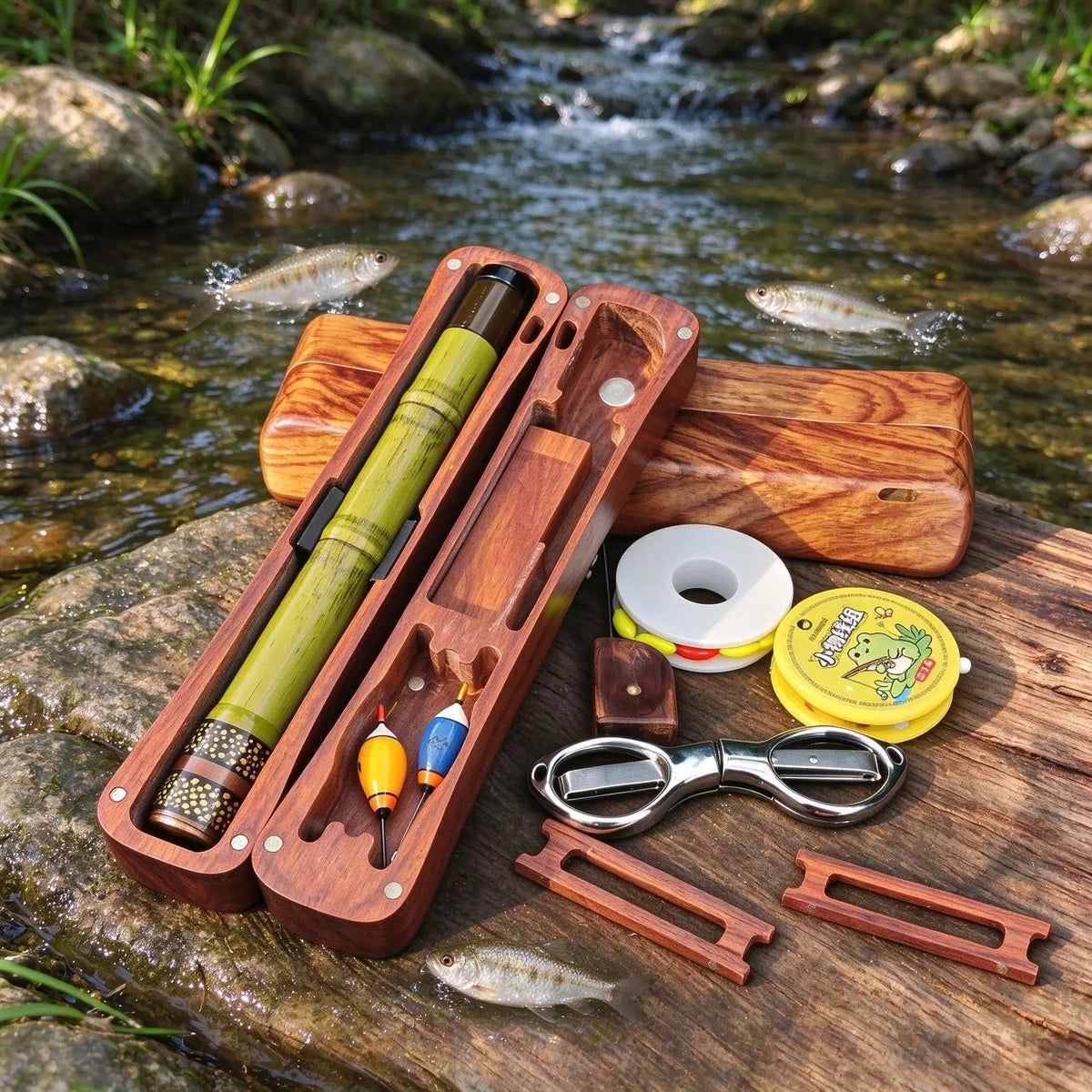 Emerald Tenkara Fishing Rod 1.7m with Wooden Storage Box, Ultralight 13-Section Carbon Stream Rod