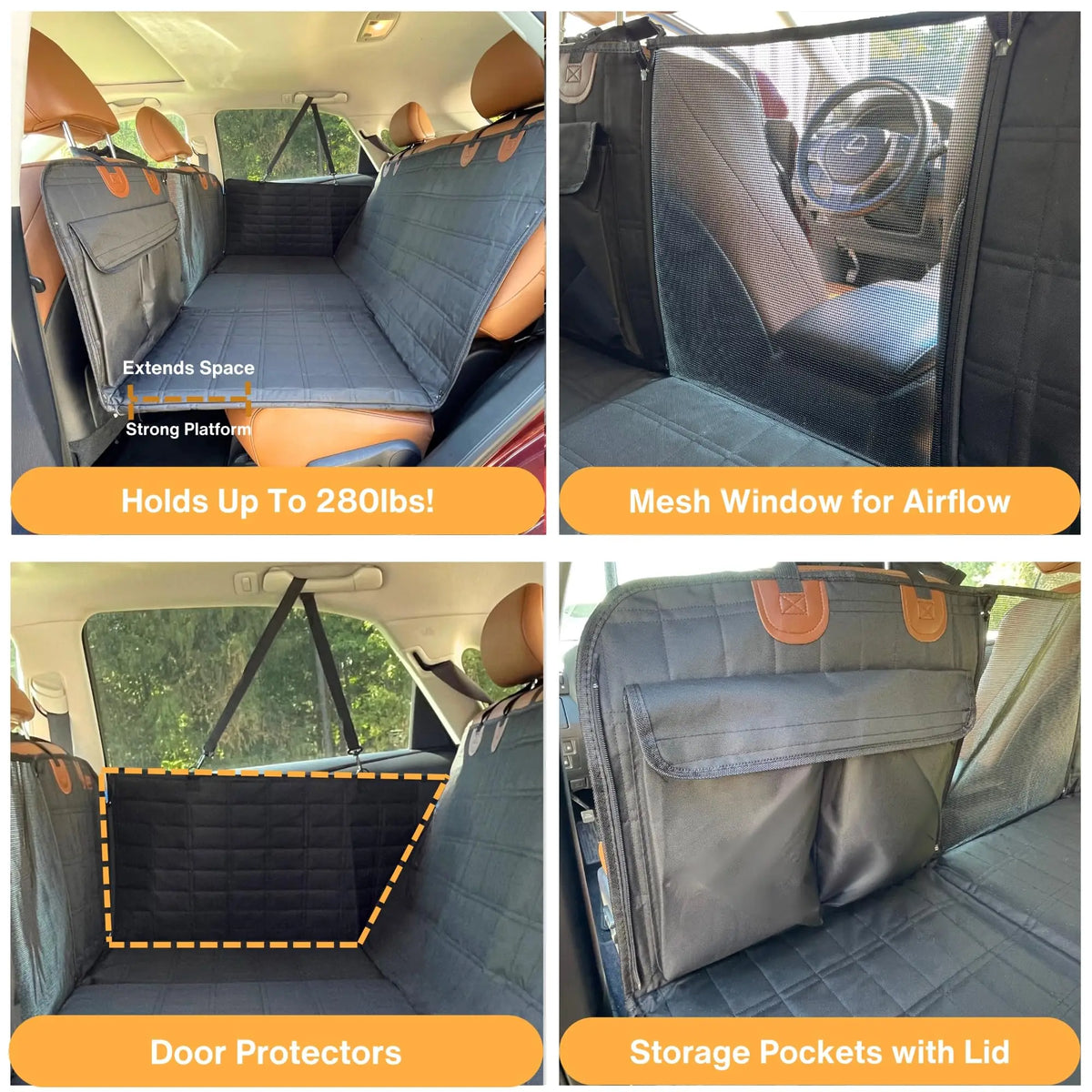 Grey Dog Back Seat Extender with Hard Bottom and Mesh Window, Pet Hammock for Cars, Trucks and SUVs