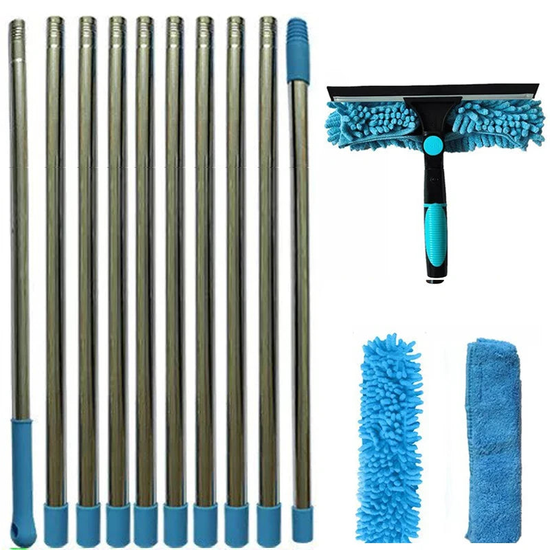 Blue Extendable Window Cleaning Kit 100-420cm, 2-in-1 Squeegee and Microfibre Scrubber, 180° Swivel Head