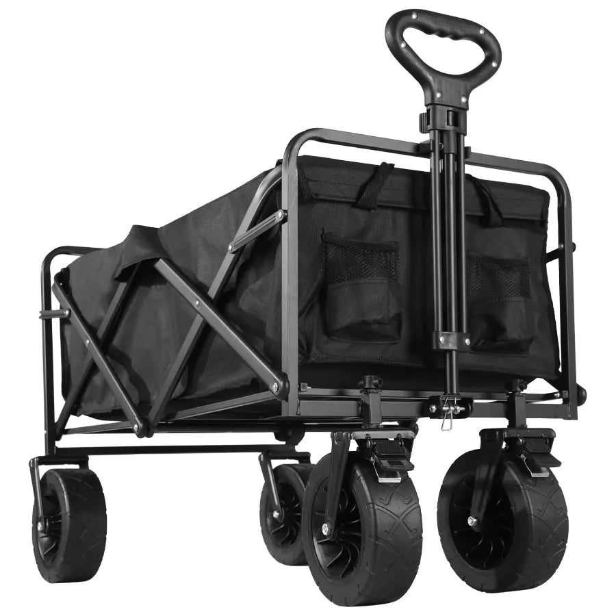 Folding Wagon Cart with All-Terrain Wheels and Brakes, Collapsible Trolley for Camping, Beach and Garden, Beige Brown