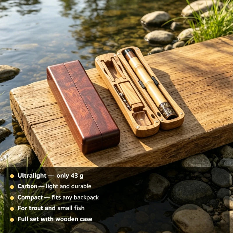 Emerald Tenkara Fishing Rod 1.7m with Wooden Storage Box, Ultralight 13-Section Carbon Stream Rod