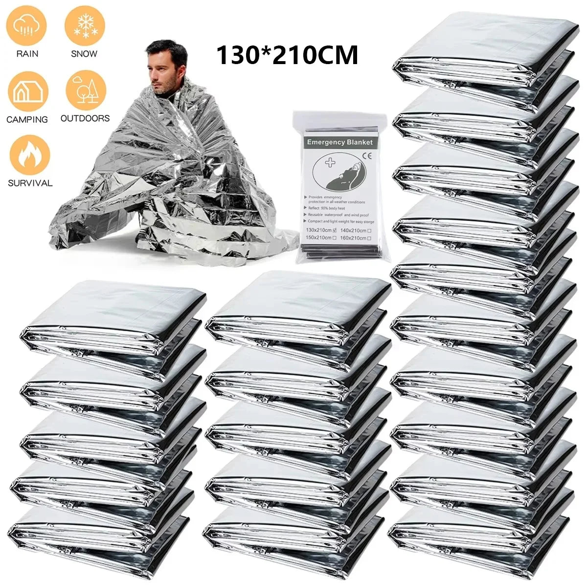 Emergency Foil Blankets 30 Pack, 130 x 210cm Thermal Space Blankets for Camping, Hiking and Car Kits, Silver