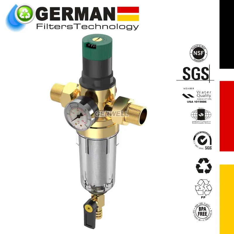 RV Water Pressure Regulator with 40 Micron Filter, Adjustable Brass Valve, 1/2 and 1 Inch