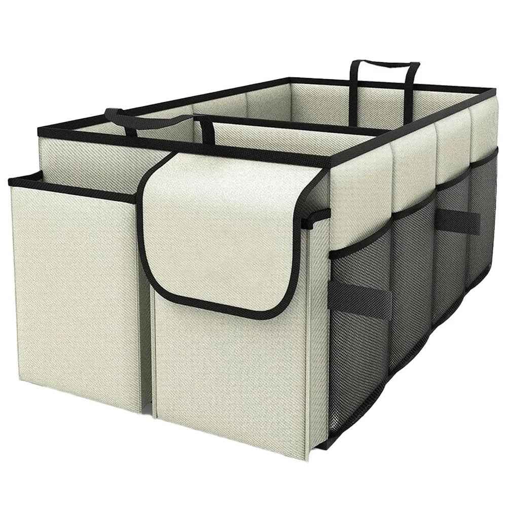 Beige Foldable Car Boot Storage Box, Collapsible Polyester Organiser for Groceries and Sports Gear