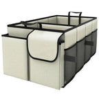 Beige Foldable Car Boot Storage Box, Collapsible Polyester Organiser for Groceries and Sports Gear