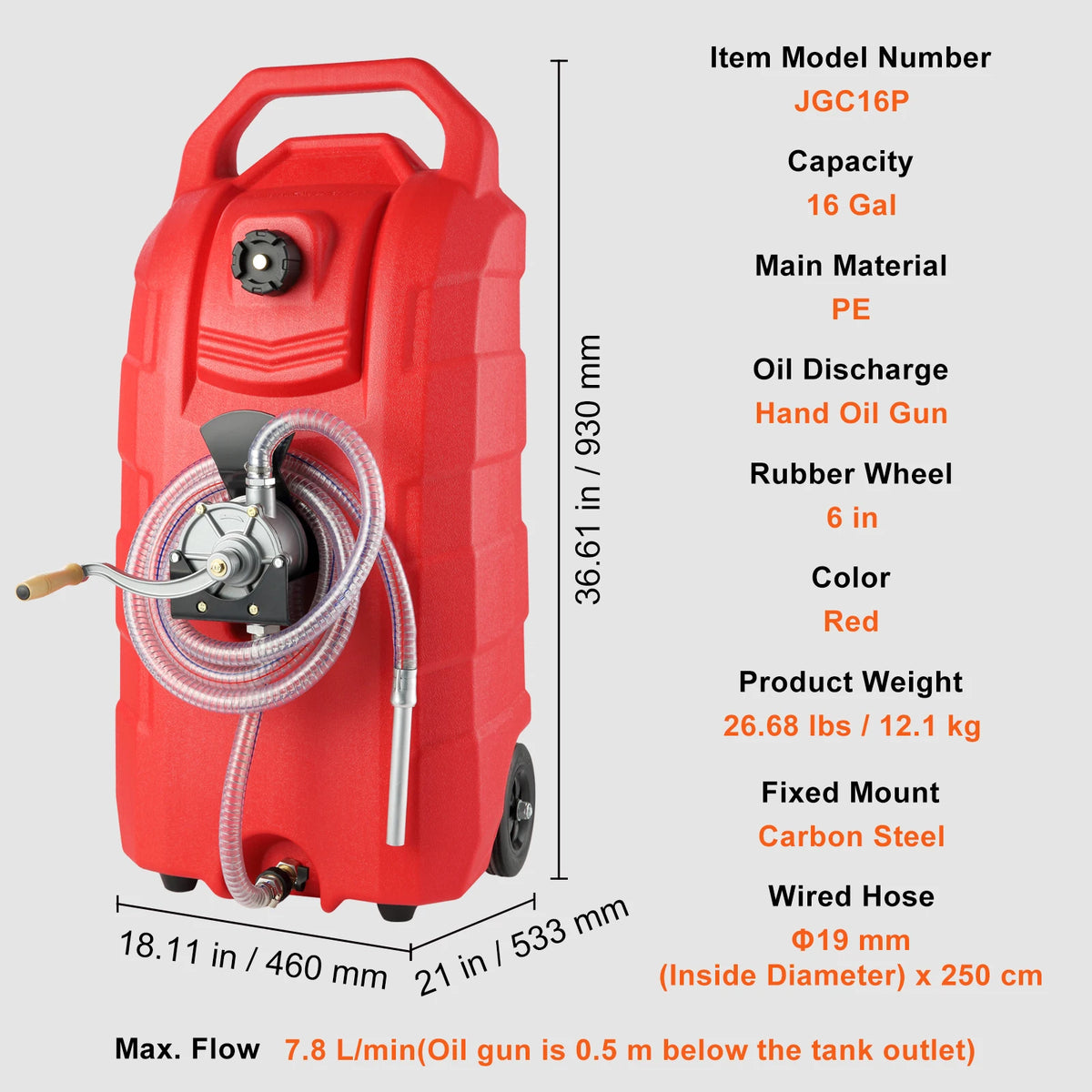 16 Gallon Portable Fuel Caddy with Hand Pump, Wheels and Metal Wire Hose for Petrol, Diesel and Oil