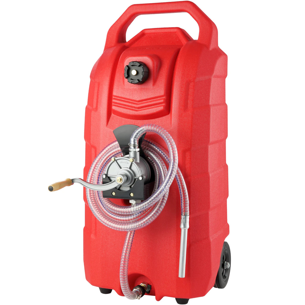 16 Gallon Portable Fuel Caddy with Hand Pump, Wheels and Metal Wire Hose for Petrol, Diesel and Oil