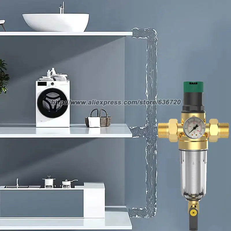 RV Water Pressure Regulator with 40 Micron Filter, Adjustable Brass Valve, 3/4 and 1 Inch