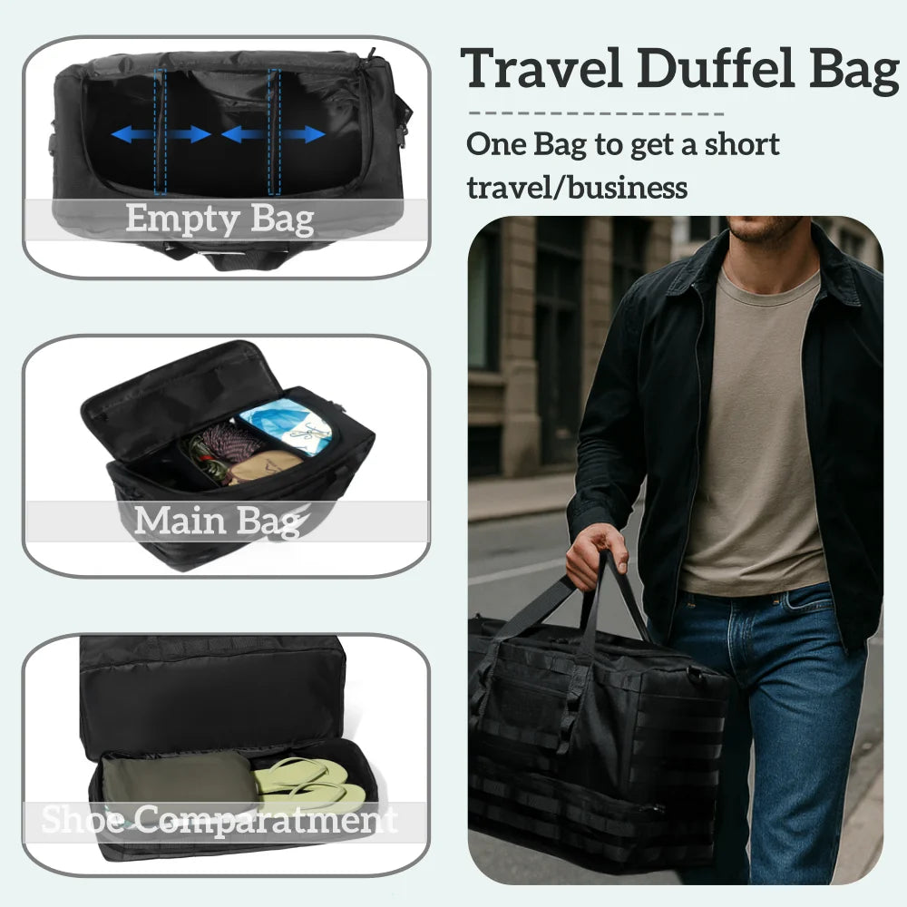 50L Black Tactical Duffel Bag in 600D Fabric for Travel, Camping, Hiking and Gym