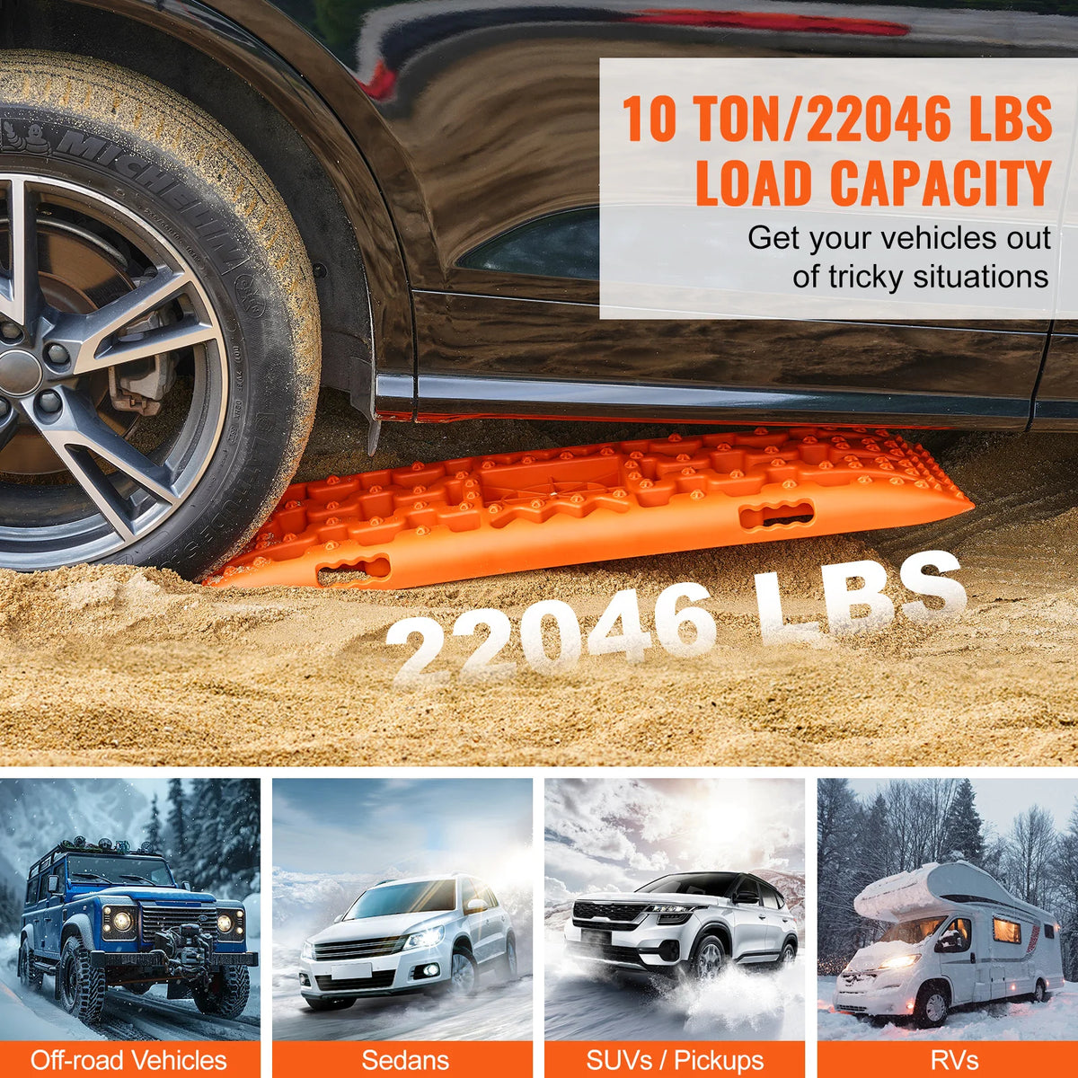 Recovery Traction Boards Pair, 10 Tonne Rated PP Tyre Traction Mats for 4WD, SUV and RV, Black Short