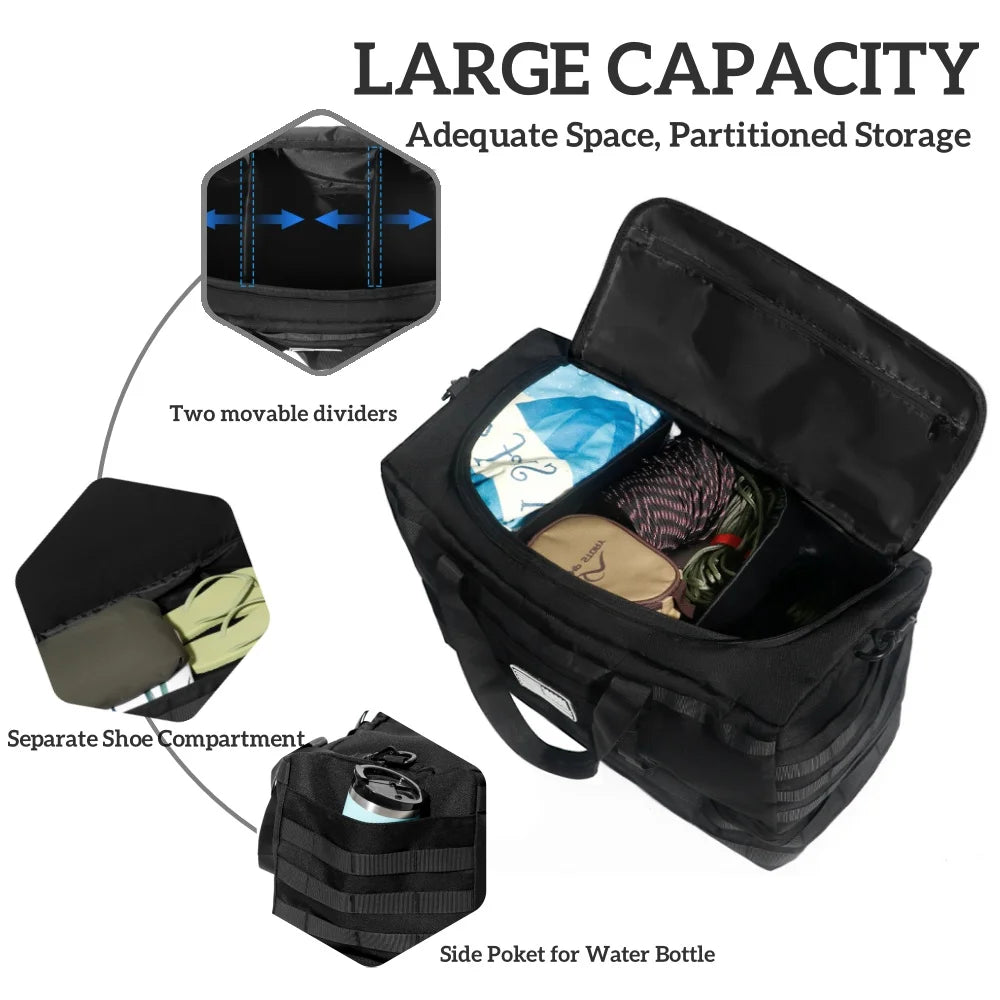 50L Black Tactical Duffel Bag in 600D Fabric for Travel, Camping, Hiking and Gym